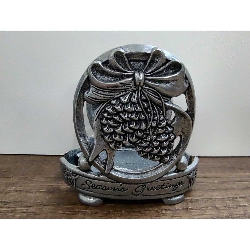 2001 Carson Pewter Christmas Season's Greetings Napkin Candle Holder Pinecones